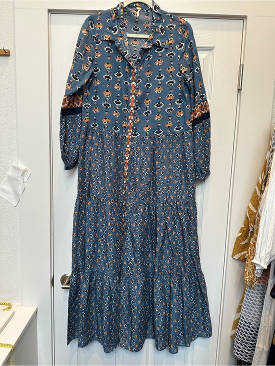 Free People Dresses & Skirts - Free People Blue Floral Button-Down Maxi Dress with Rust Accents